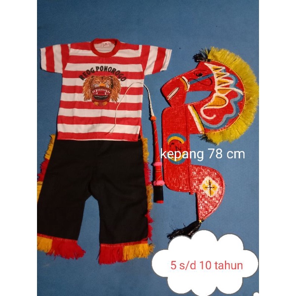 PAKET kaos reog, celana 5 - 10 tahun, kepang 78 cm, cambuk, kuda lumping, baju reog