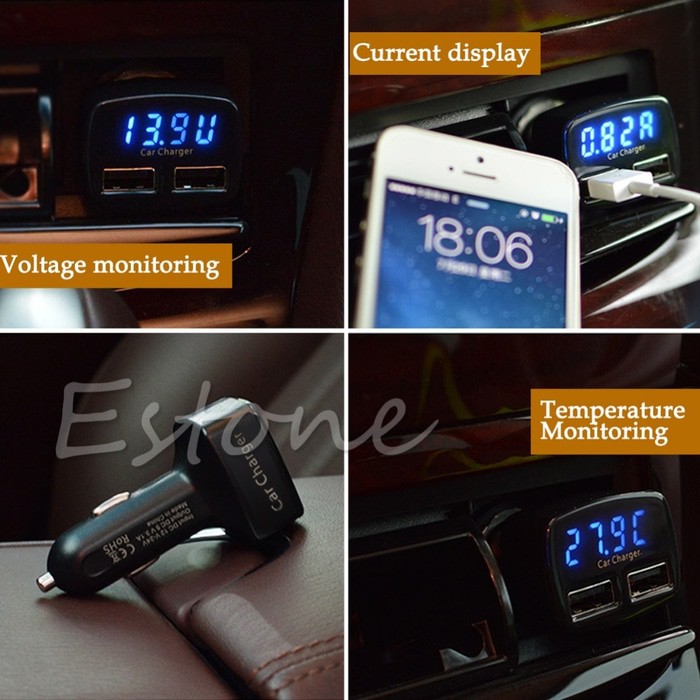 Car Charger LED 4 in 1 USB Casan Mobil Voltmeter, Ampere, Temperatur