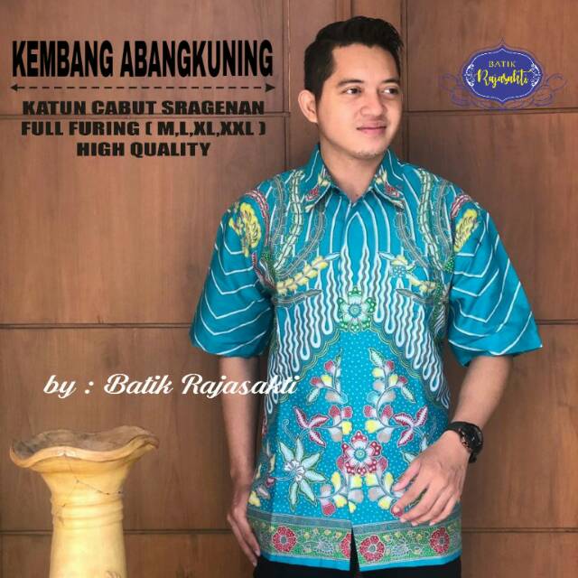 KEMEJA BATIK PRIA LENGAN PENDEK KEMBANG ABANG KUNING BATIK RAJASAKTI