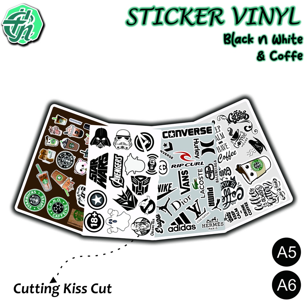 

CETAK STIKER VINYL PLUS CUTTING SETENGAH PUTUS KISS CUT STIKER LABEL, STIKER PRODUCT, starbuck, coffe, hitam putih, black n white, starwars, marvel, captain america, A3, A4, A5, A6