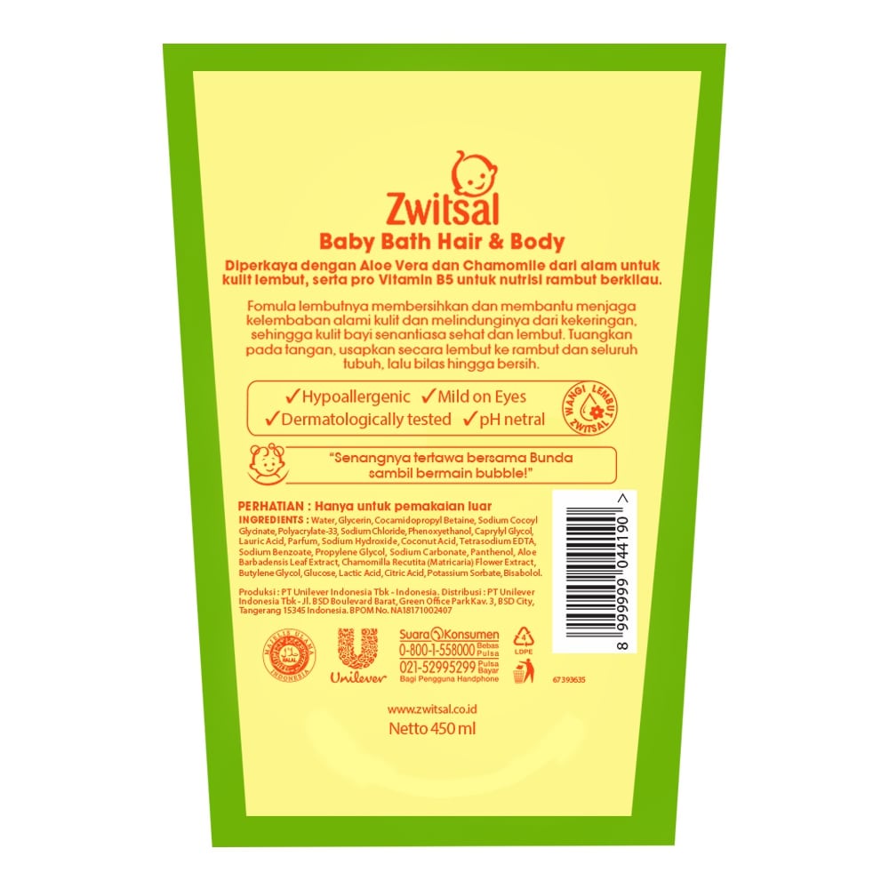 Zwitsal Baby Bath Hair And Body Sabun Mandi Shampo Bayi Natural Aloe Vera 450Ml