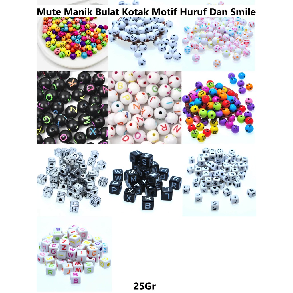 Manik-Manik Bulat &amp; Kotak Motif Huruf &amp; Smile Akrilik 8mm Harga/25g