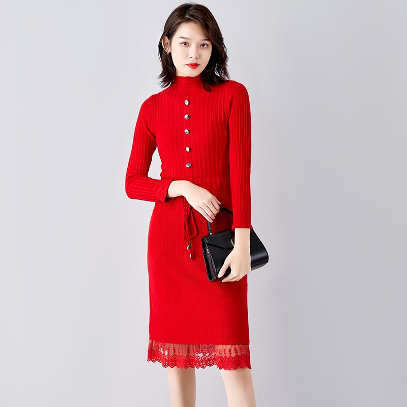 【Elegant】Solid Color Sweater Crew Neck Knitted  Dress 7022