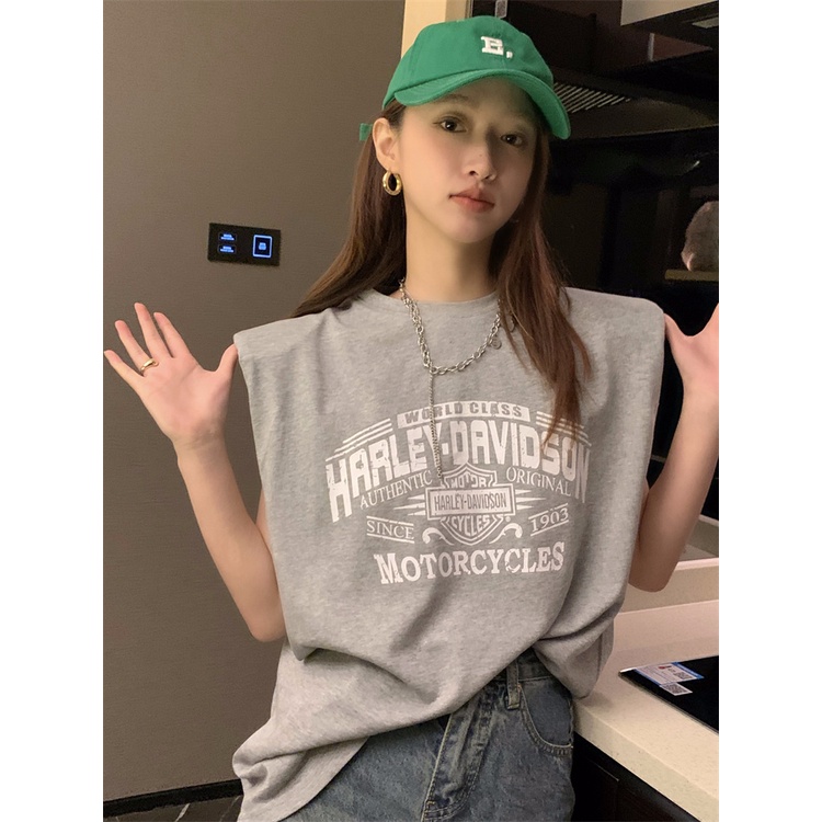 American letter print T-shirt tanpa lengan wanita musim panas gaya bf longgar desain rompi bahu pad
