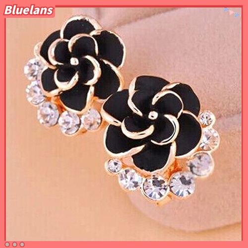 Bluelans Women Peony Camellia Flower Rhinestones Alloy Ear Stud Earrings Party Jewelry