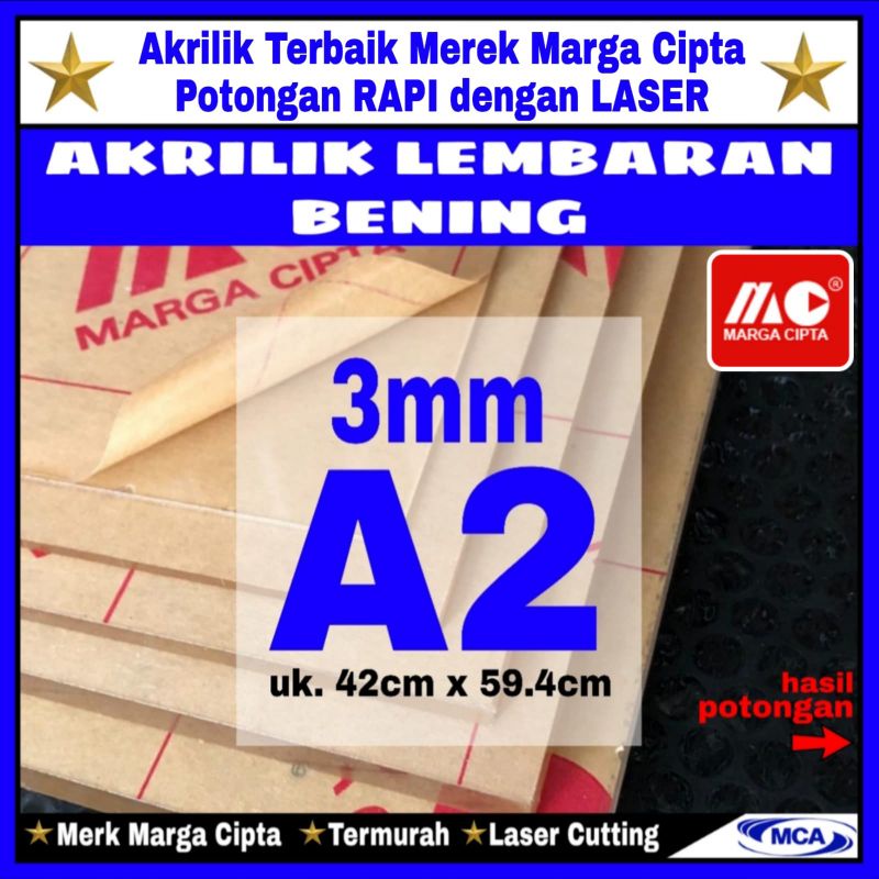 AKRILIK lembaran 3mm uk. A2 / Akrilik bening / Marga cipta / Acrylic