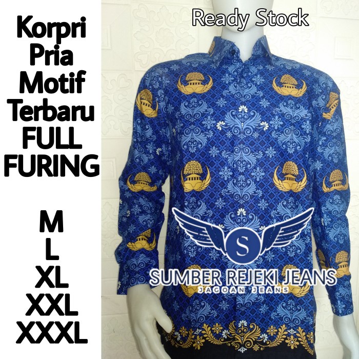 TERMURAH- Baju Korpri Pria Seragam PNS Kemeja Batik Biru Panjang Full Furing - XXL, Motif Lama