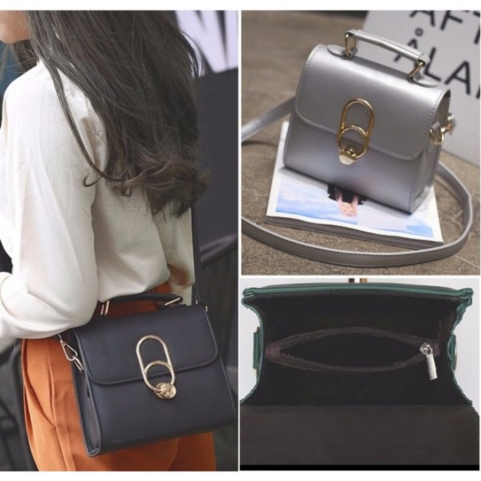 TAS SELEMPANG WARNA HITAM WANITA SLING BAG SILVER IMPORT BRANDED KEREN SIMPEL
