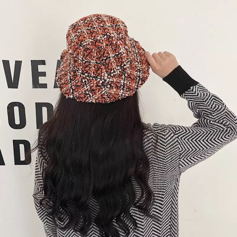 Bucket Hat Wanita Bahan Tweed Topi Bucket