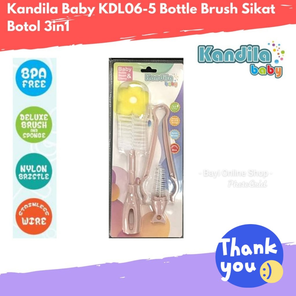 Sikat Botol Penjepit Botol Sikat Dot Empeng Bayi Kandila Baby KDL06-5 Bottle Brush 3in1- Bayi Online