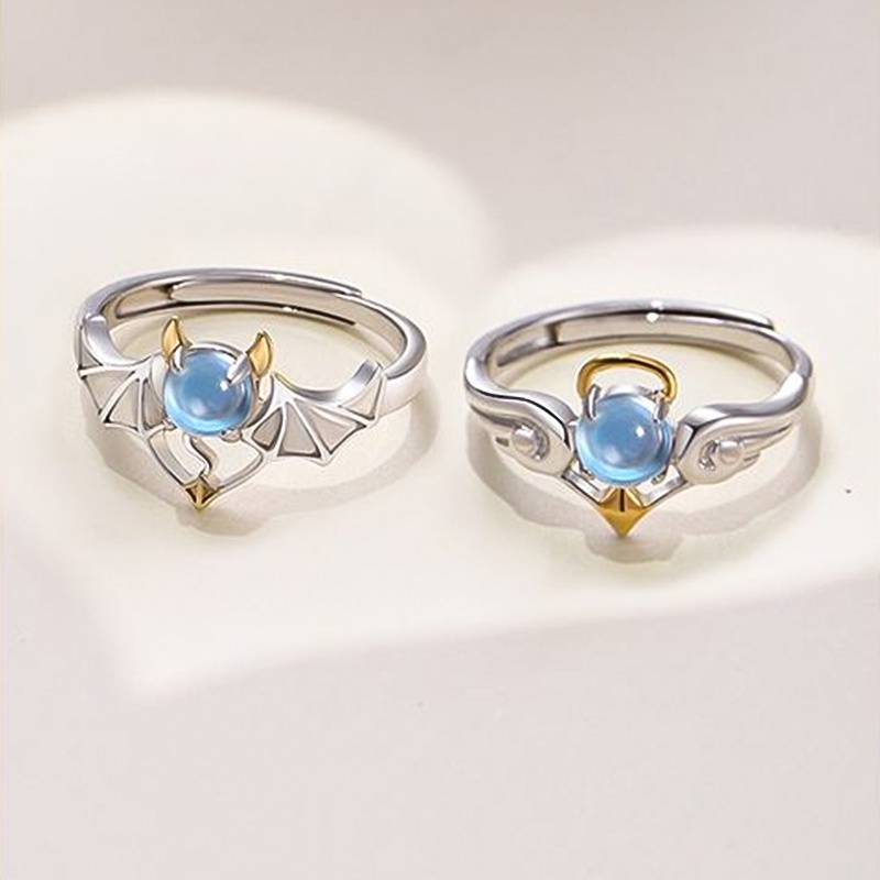 COD❤️Perhiasan Cincin Pasangan Perak Fashion Korea Biru Moonstone Malaikat Setan-A.one