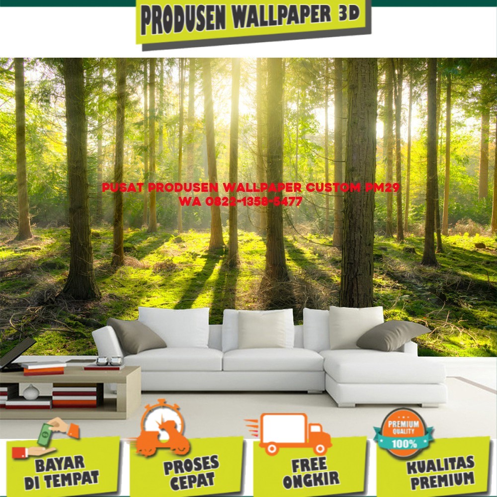 SUDAH ADA LEM NYA Wallpaper custom pemandangan hutan, stiker dinding Pohon hutan, Wallpaper hutan 3d