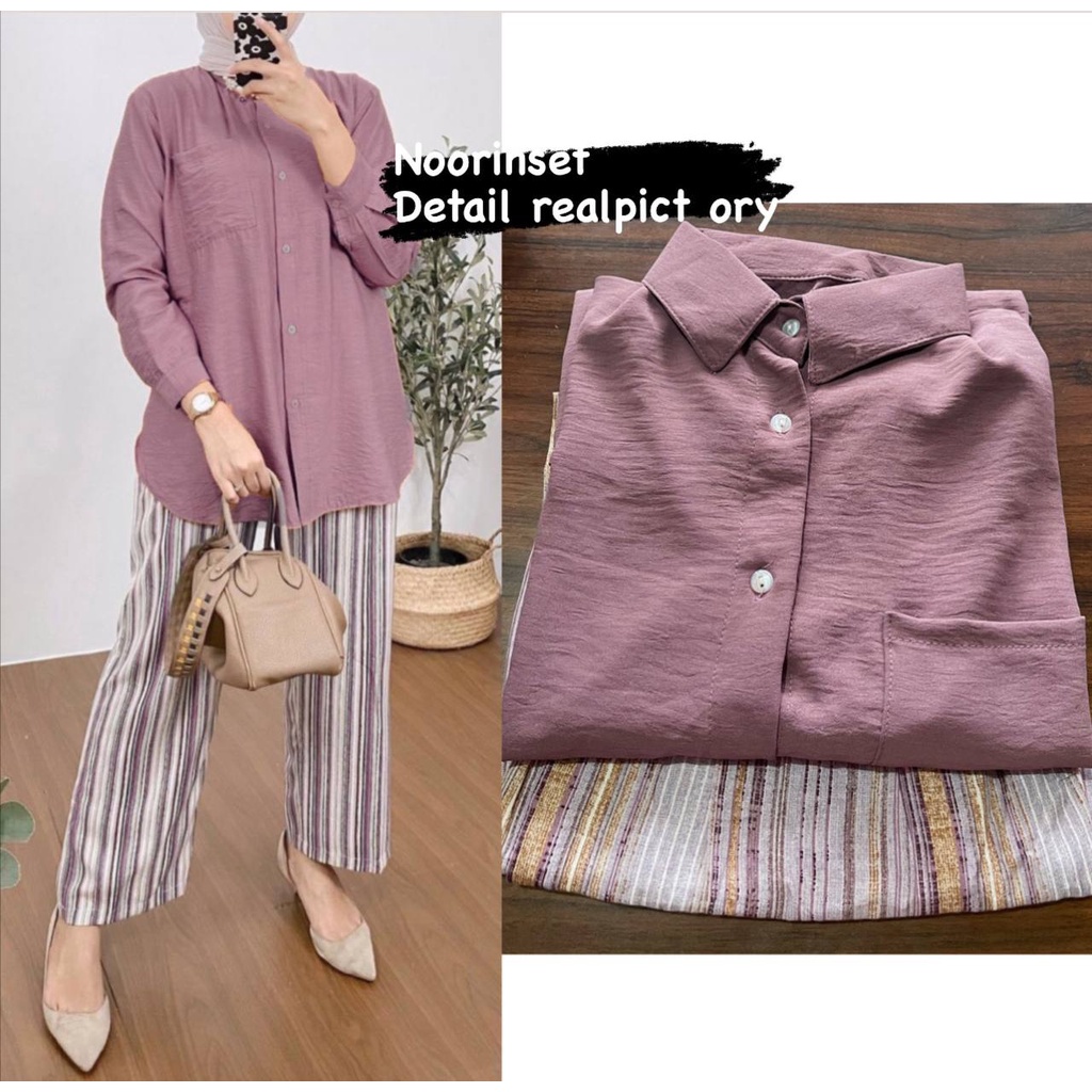Noorin Set - One Set Wanita Kemeja Import Crinkle Airflow Setelan Wanita Celana Kulot Lengan Panjang LD 110 cm
