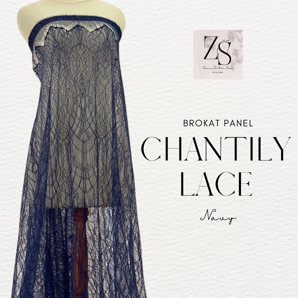 Bahan Kain Brokat Brukat Panel Chantily Lace Semi Prancis France Warna Biru Dongker Navy