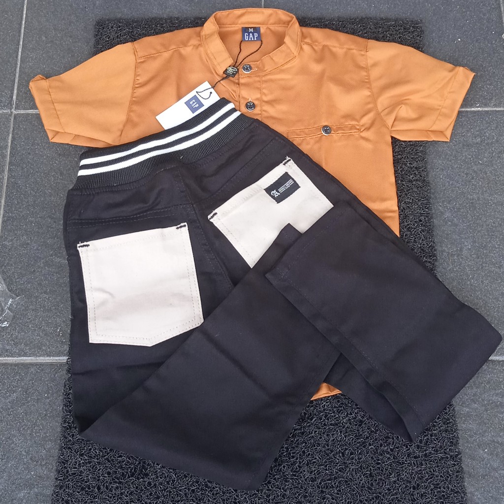Kemeja Pendek Warna Orange Celana Chino Panjang Warna Hitam Saku Cream Original Keren Ukuran 1 Sampa