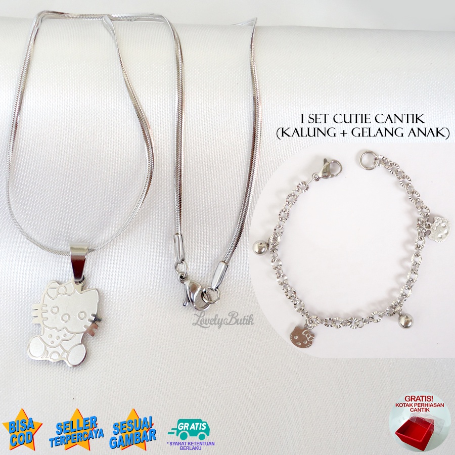 Lovelybutik Set Kalung Anak Titanium Anti Karat Free Gelang Tangan Anak Cewek Bahan Titanium Model Cutie Doll Terbaru Bonus Kotak Perhaisan