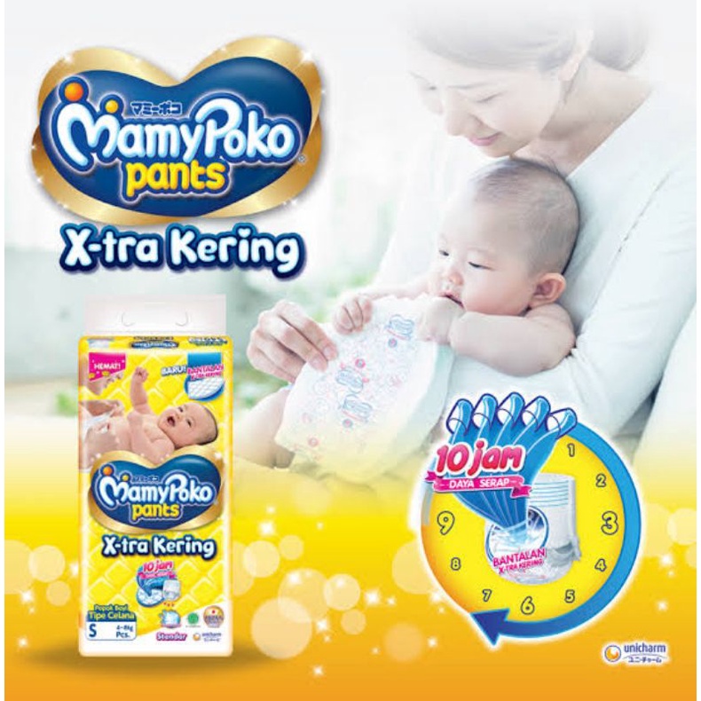 Mamypoko Pants Standar Extra Kering S38 M32 L28 XL26 Daya Serap Extra Popok Bayi Sekali Pakai