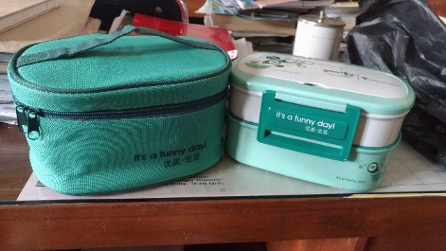 Lunch Box Yooyee 591 Orange Green Free Bag - Kotak Bekal 2 Susun