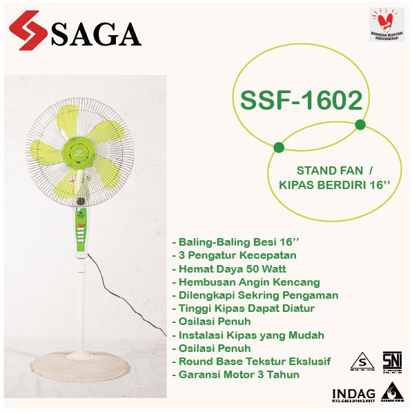 (PENGIRIMAN KHUSUS JNT/JNE/EKSPEDISI) Kipas Berdiri Saga 16 Inch- Stand Fan Saga 16 Inch SSF1602