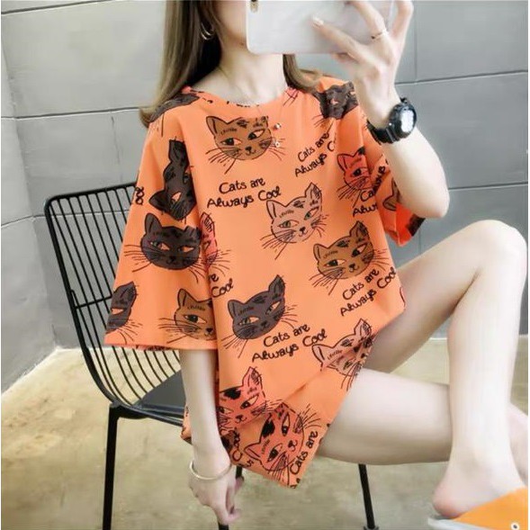 Oversize Tee Tshirt Model Longgar Untuk Wanita Motif Meow