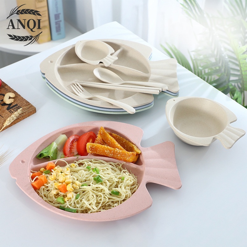 ANQI 1888 Piring 7 IN 1 Anak Piring Makan lucu Karakter Ikan Piring Makan Saji  Ramah Lingkungan  Biodegradable