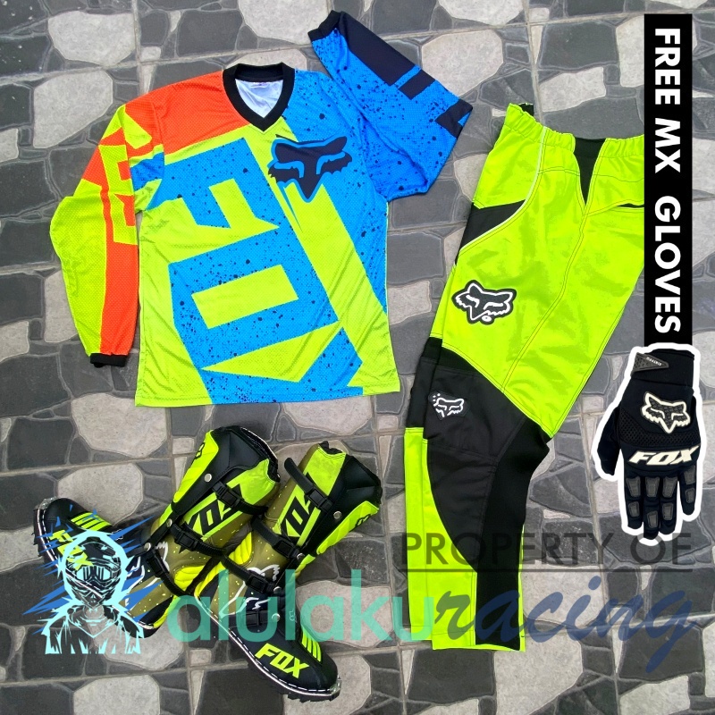 Jersey, Celana, Sarung Tangan &amp; Sepatu Fullprint with Protectors Fullset MX Trail Motocross - Paket Bundling FOCTFG080404-F41