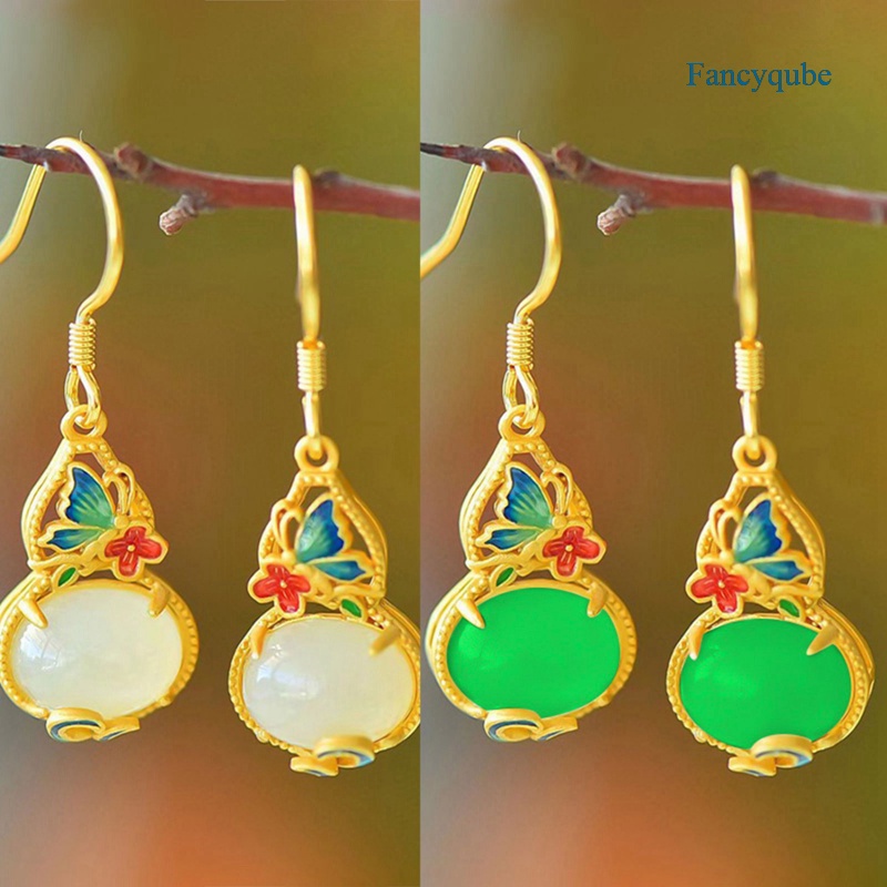 Fancyqube Anting Silver Inlaid Natural Hetian Jasper Froude Gourd Gaya China Retro Palace Untuk Wanita