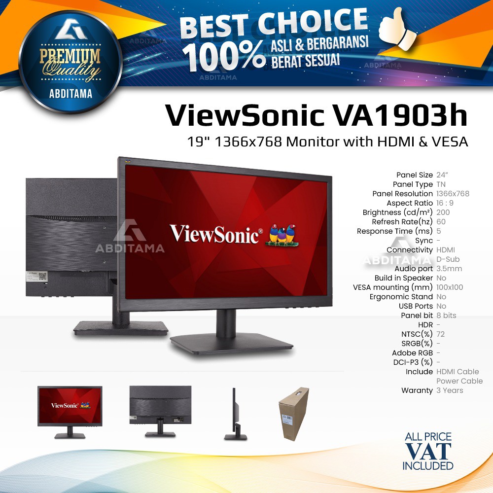 Monitor LED ViewSonic VA1903 VA1903H 19&quot;1366x768 VGA HDMI VESA 75x75mm