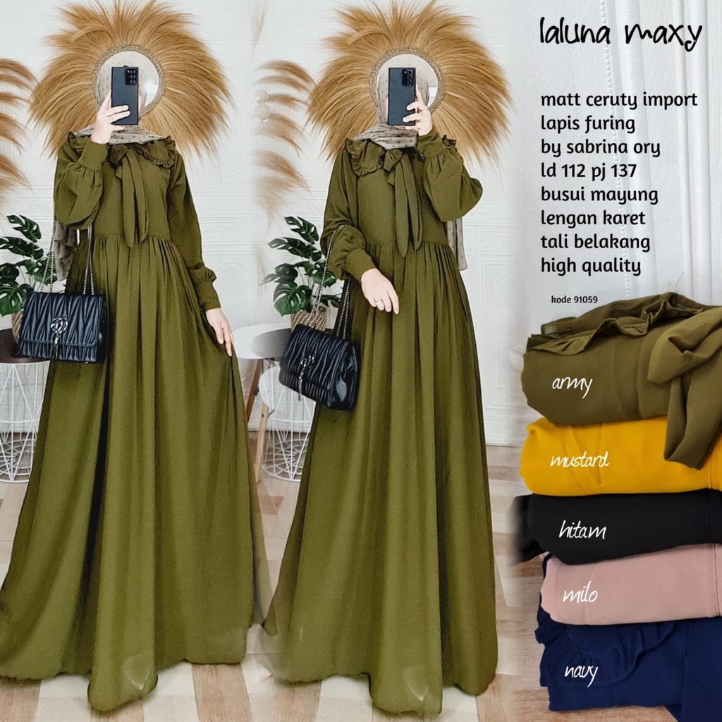 (BISA COD SIAP KIRIM) GAMIS LALUNA MAXY ORI BRAND SHABRINA WARNA ARMY SUPER MAYUNG LEBAR
