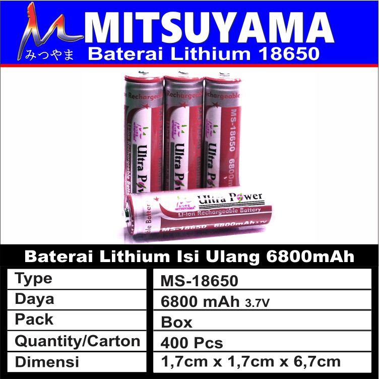 Baterai Mitsuyama MS-18650 Top Botton 6800mAh 3.7V Rechargeable Battery