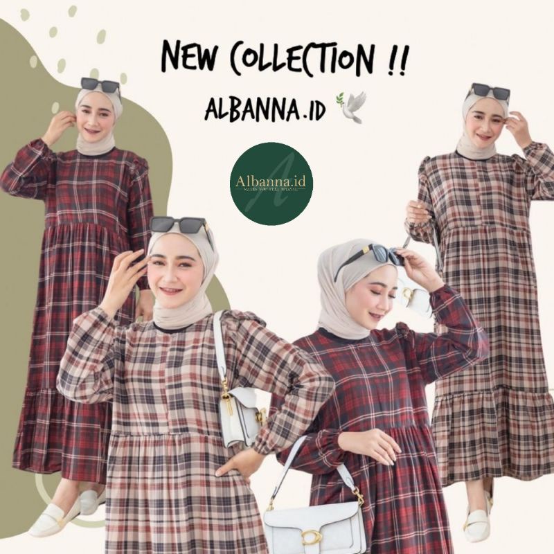 RAISA Dress Rayon Motif Kotak By Albanna.id / Ready Size XL & XXL / Korean Midi Jumbo Busui Friendly