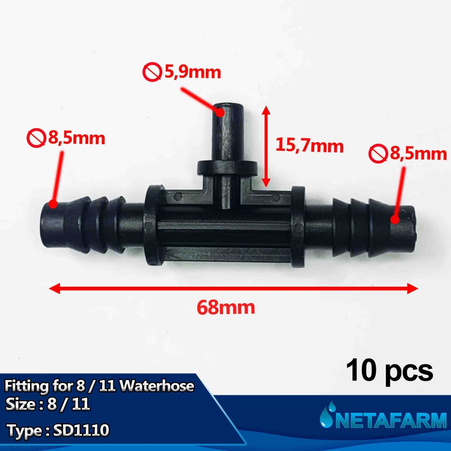 Nepel Tee Konektor Fitting Tee 8/11mm Waterhose Irigasi SD1110 - 10pcs