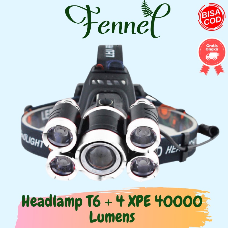 Headlamp Senter Kepala T6 + 4 XPE 40000 Lumens Set BL254