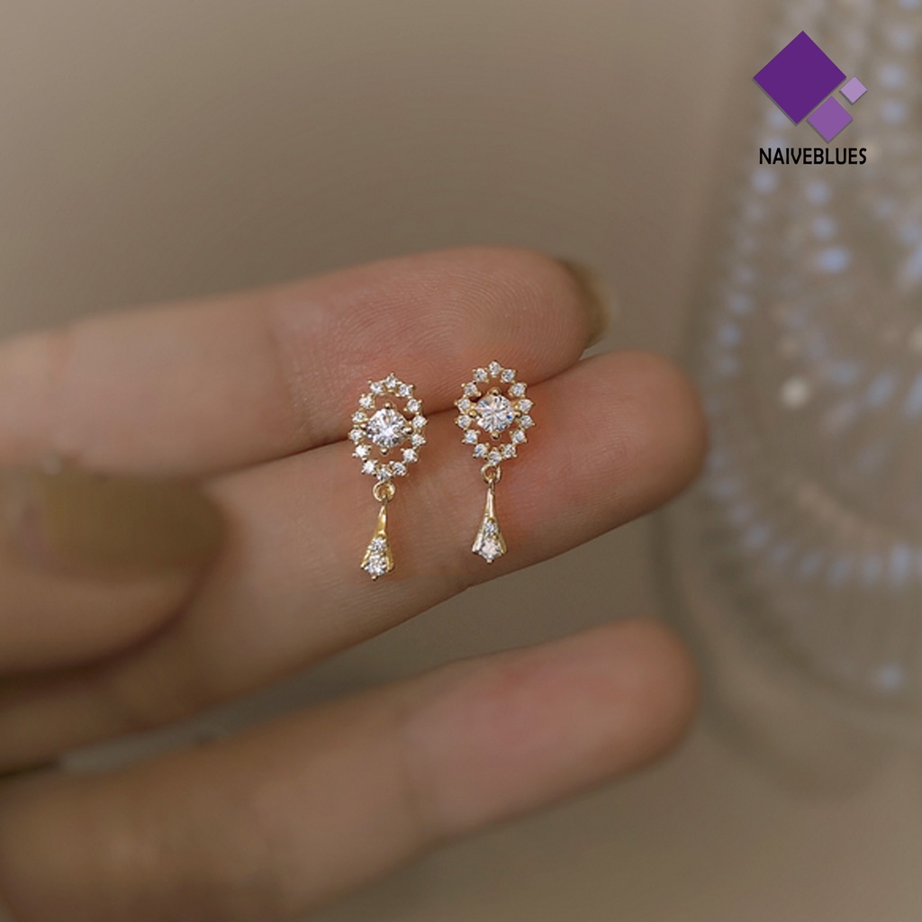 Naiveblue 1 Pasang Anting Tusuk Gantung Wanita Desain Oval Hias Cubic Zirconia + Rumbai Gaya Klasik Untuk Hadiah