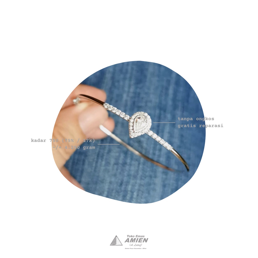 Toko Emas Amien Gelang Emas Putih Asli Kadar 750 (75% / 17K) 4.250 Gram - Bangle Fashion Oval Tetes 