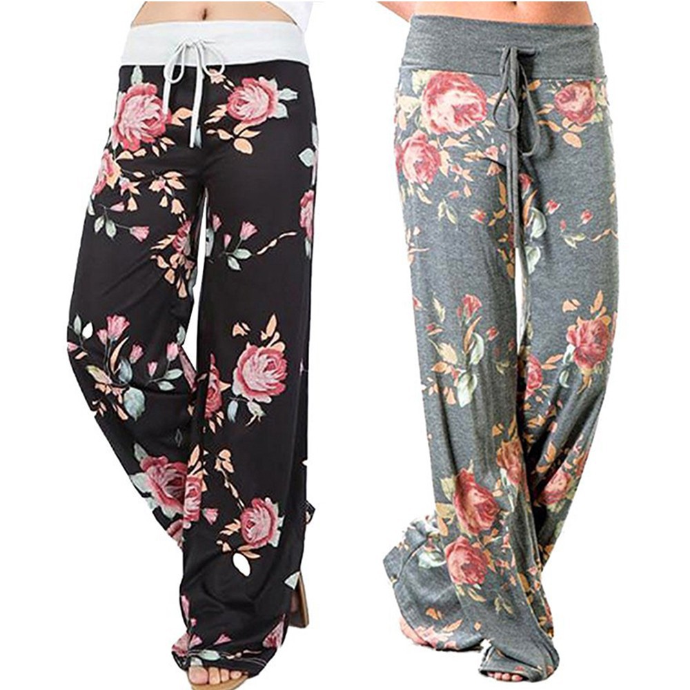 Celana Panjang Lebar Longgar Motif Print Bunga Aksen Tali Celana Panjang Lebar Longgar Motif Print Bunga Aksen Tali