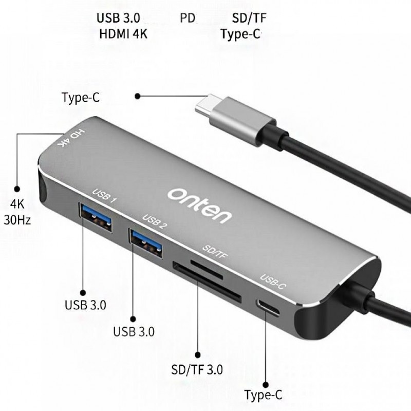 ONTEN OTN-95116 - 6 in 1 Type-C Multifunction Hub Adapter - USB-C HUB Adapter Converter Multifungsi 6 in 1