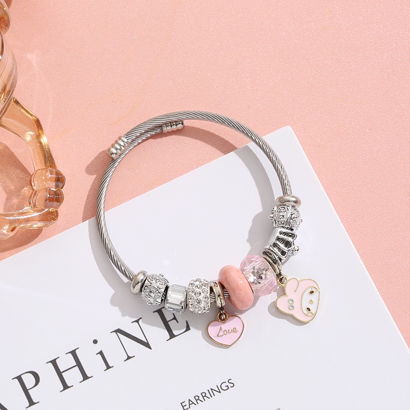 XiaoboACC Gelang Tangan Stainless Steel Adjustable Motif Kartun My Melody + Manik-Manik Kristal Untuk Wanita