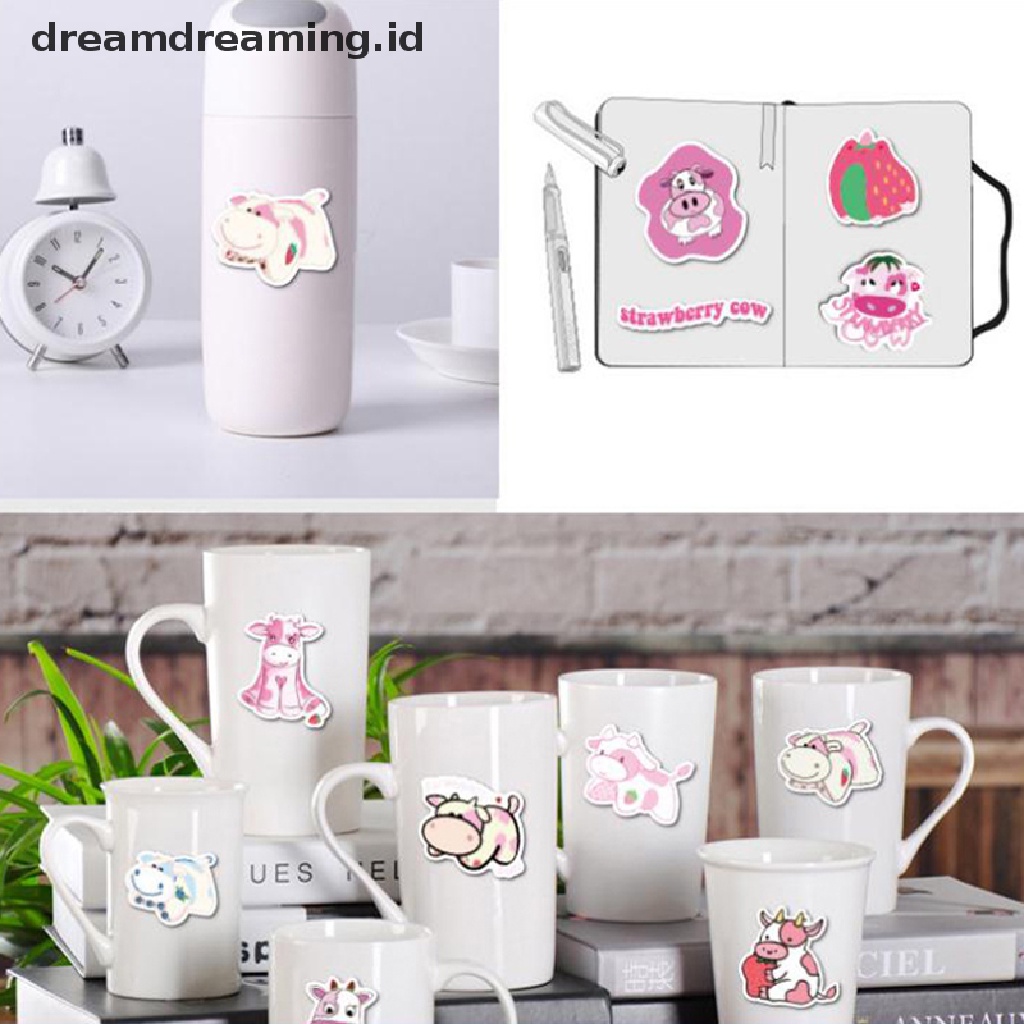 (dreamdreaming.id) 50pcs / Set Stiker Motif Kartun Strawberry / Sapi Untuk Dekorasi Laptop / Skateboard / Koper