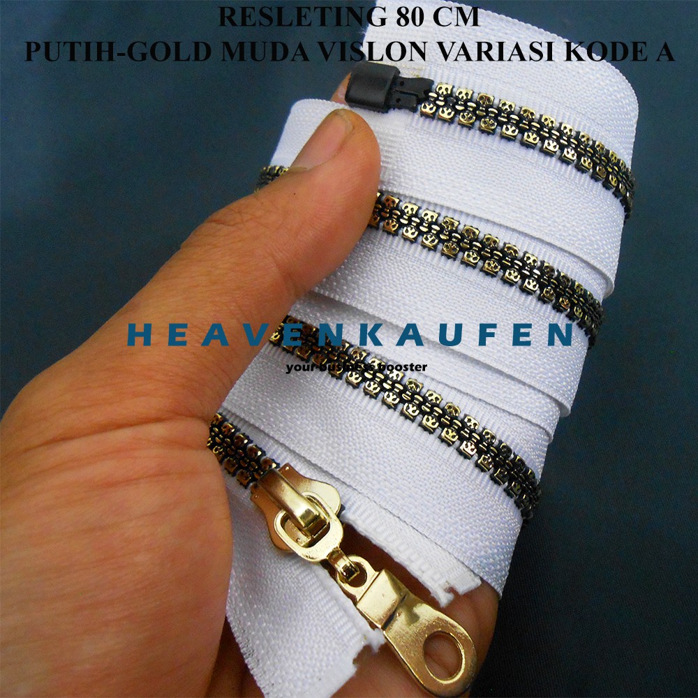 Resleting Zipper 80 cm Putih - Gold Muda (Emas Muda) Vislon Variasi Kode A Untuk Busana Gamis Abaya