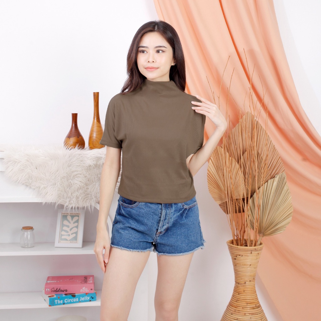 CAVALU Kaos Oversize Baju Atasan Wanita Kalong Turtleneck High Neck Tee Basic Top 100