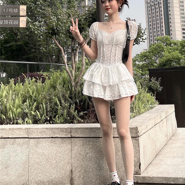 ۞❖ Student Pure Miss ~ Sweet Girl French Romantic Square Collar Puff Lengan Celana Berongga Pu