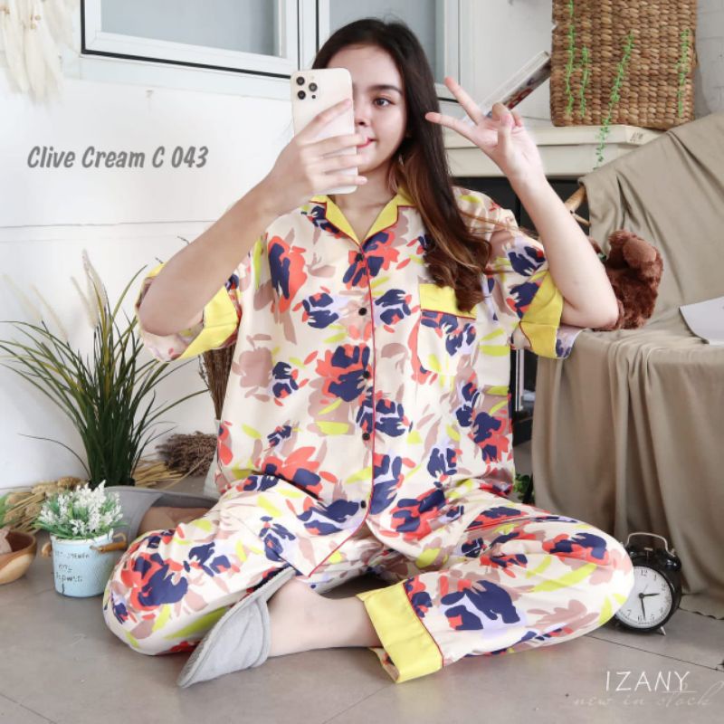 Baju Tidur Piyama Wanita Dewasa Piyama Baju Santai Motif Bunga-Clive cream kuning