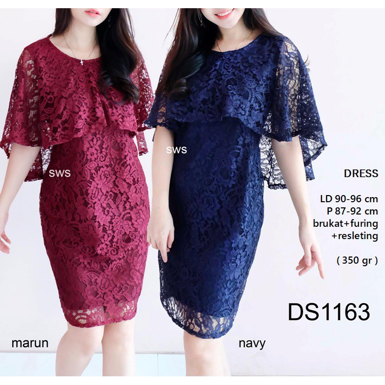 DS1163 -  DRESS PESTA BRUKAT MIDI SEPAN LACE DRESS WANITA PREWEDDING MURAH GROSIR