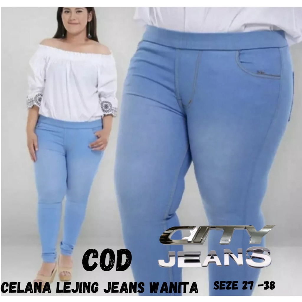 Celana Jeans Wanita Jumbo Murah Pinggang Karet Legging Panjang Cewek Big Size Hitam Jins Terbaru