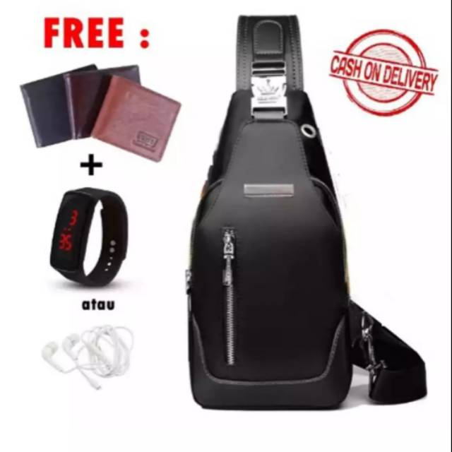 Tas Selempang Pria Murah Anti Air - Matthew Bag bonus Dompet + Jam Tangan LED/Headset