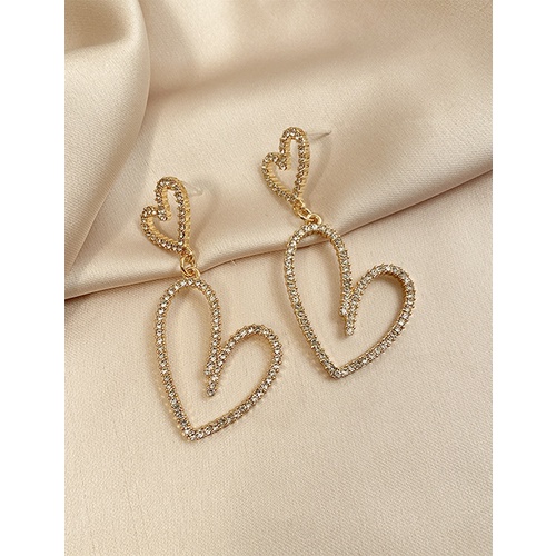 LRC Anting Tusuk Fashion Golden Double Love Diamond Hollow Earrings V33013