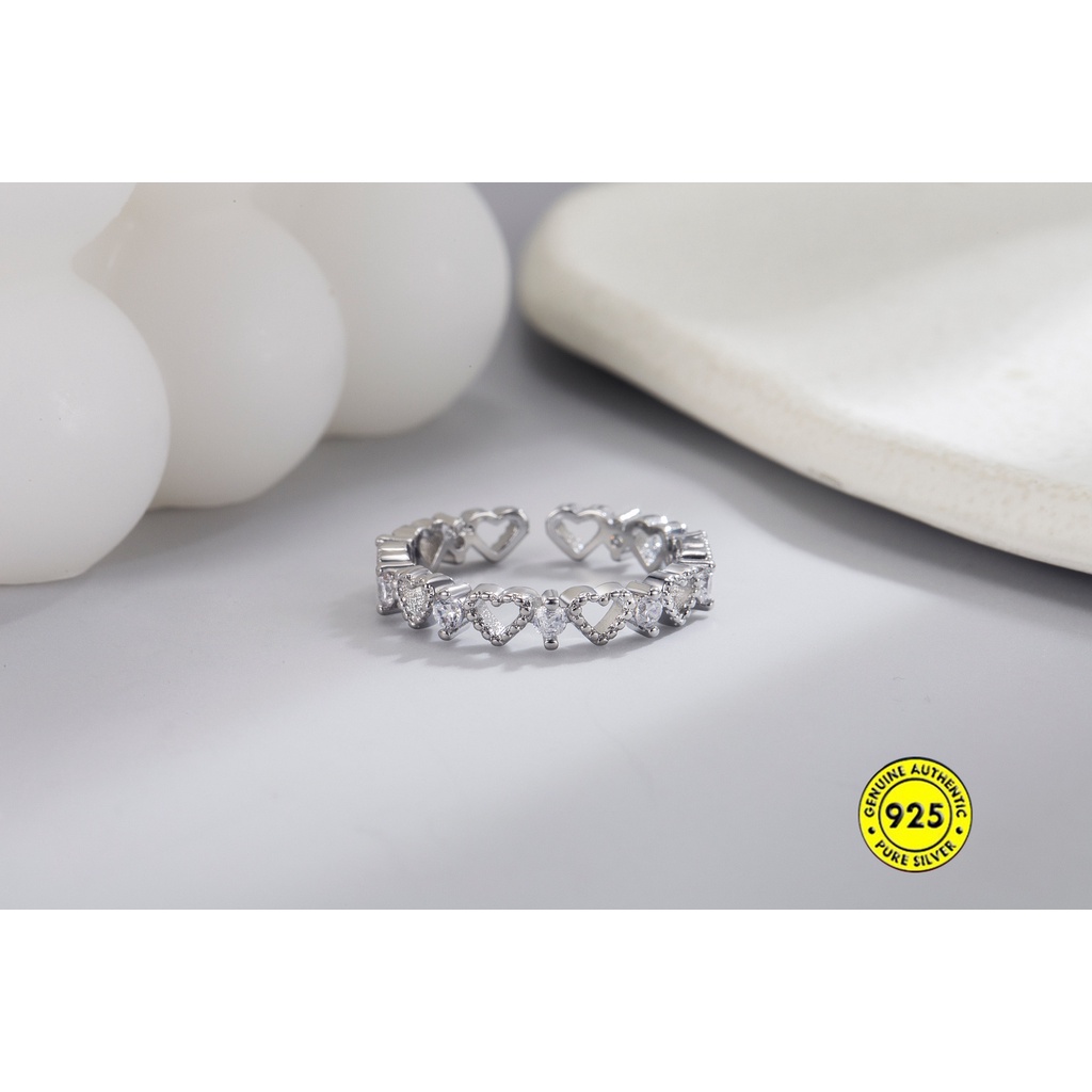 Cincin Model Terbuka Bahan Sterling Silver 925 Desain Hati Hollow Hias Berlian Untuk Wanita