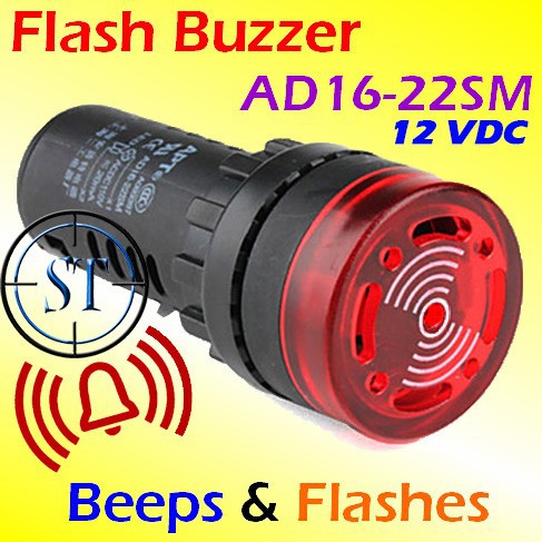 Lampu Flash Buzzer 12VDC AD16-22SM LED Light Pilot Lamp Alarm Signal Suara Lampu emergency BA-176A