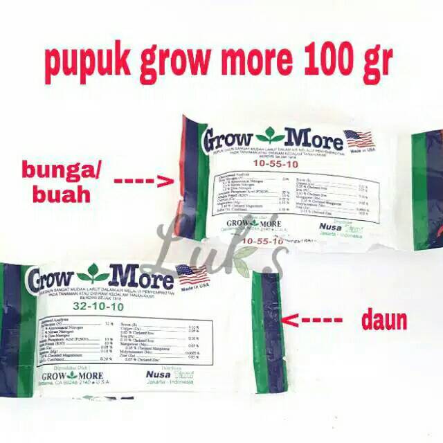 PUPUK GROW MORE 100 gr 32 - 10 - 10   GROW MORE  100 gr 10 - 55 - 10  - PUPUK DAUN BUNGA